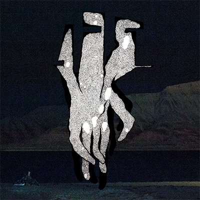 The album-cover to Kyber - Utarm - A drawn hand over Svalbard at night